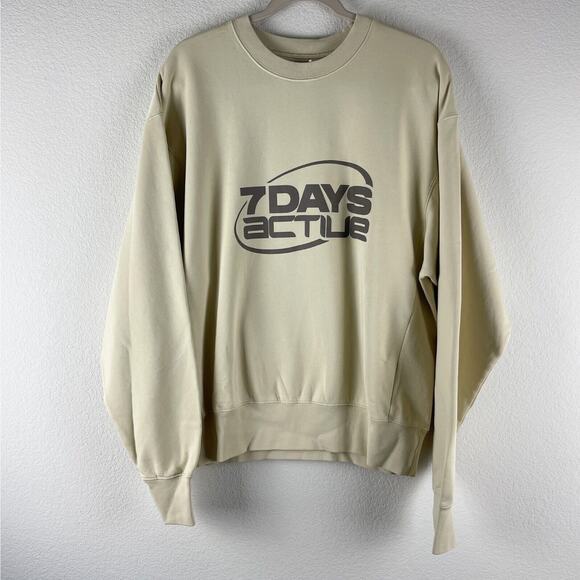 7 Days Active Monday Crew Neck Sweatshirt Unisex Medium Beige Organic Cotton NWT - Picture 1 of 14